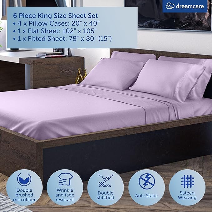 DREAMCARE King Size Sheets Set – 6 pcs Cooling Bed Sheets – up to 15” Deep Pocket King Sheet Set – 2500 Supreme Collection – Extra Soft 100% Brushed Microfiber Hotel Luxury with Side Pocket – Lavender
