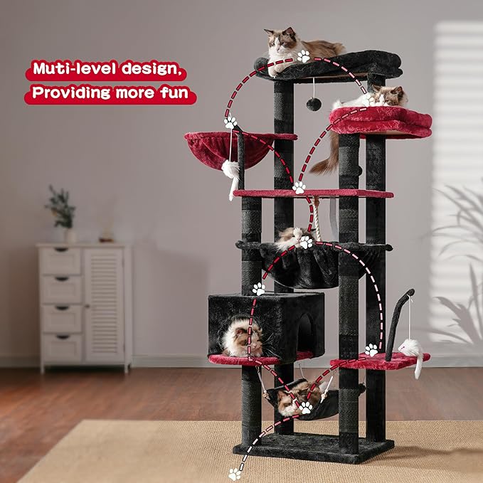 Gothic Cat Tree, Cat Tower for Large Cats with 2 Big Platforms, 2 Baskets, condo and Toys, 63" Cat Scratching Posts for Indoor Cats, Black and red GCT020BR-Mewly Pet