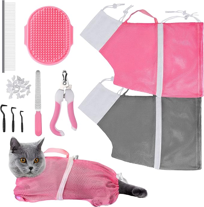 JULMELON Cat Washing Bag 10 PCS Set, Adjustable Cat Shower Net Bag and Pet Grooming Brush with Nail Clipper Nail File Hair Combs Tick Tool Nail Caps for Bathing Nail Trimming Examination(Pink+Grey)-Mewly Pet