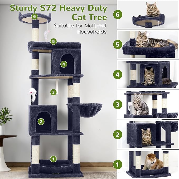 Globlazer Heavy Duty Cat Trees for Large Cats, Sturdy 72in Maine Coon Cat Tree for Large Cats 20 lbs+ Heavy Duty Cat Tower for Adult Biggest Cat with 6 Scratching Posts, Hammock, S72, Smoky Gray-Mewly Pet