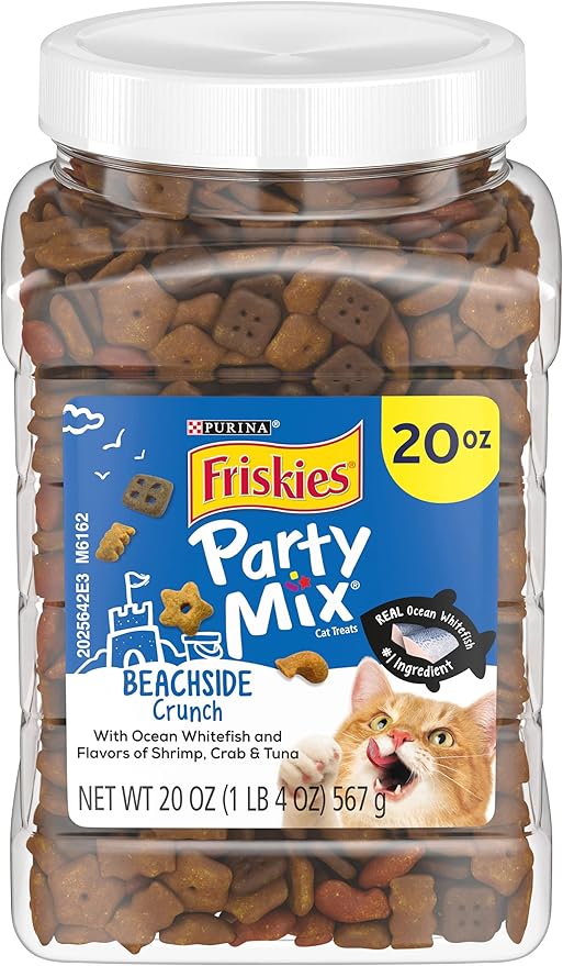 Purina Friskies Party Mix Cat Treats, Beachside Crunch, Made with Ocean Whitefish, Crunchy Cat Treats for Adult Cats, 20-Ounce Resealable Canister (Pack of 4)-Mewly Pet