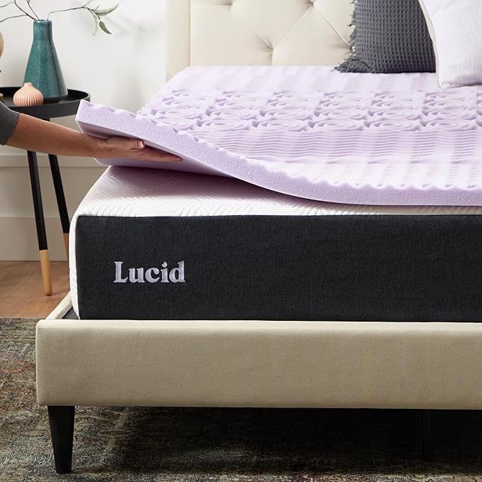 LUCID Lavender Infused 2 Inch Memory Foam Mattress Topper with 5 Zones – King Size – Plush Feel – CertiPUR Certified – Dorm Room Essentials