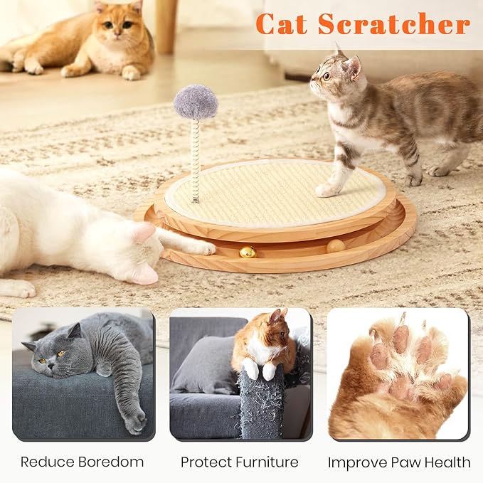 Cat Scratcher, Cat Natural Sisal Scratching Pad, Kitten Interactive Toy with Ball Track Spring Ball for Chasing Hunting Mental Physical Exercise Puzzle-Mewly Pet