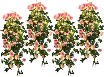 RECUTMS Artificial Hanging Rose Flower 4PCS Vine Plants with 30 LED Fairy String Lights Fake for Indoor Outside Garden Porch Farmhouse (Pink)