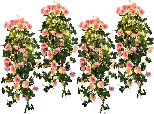RECUTMS Artificial Hanging Rose Flower 4PCS Vine Plants with 30 LED Fairy String Lights Fake for Indoor Outside Garden Porch Farmhouse (Pink)
