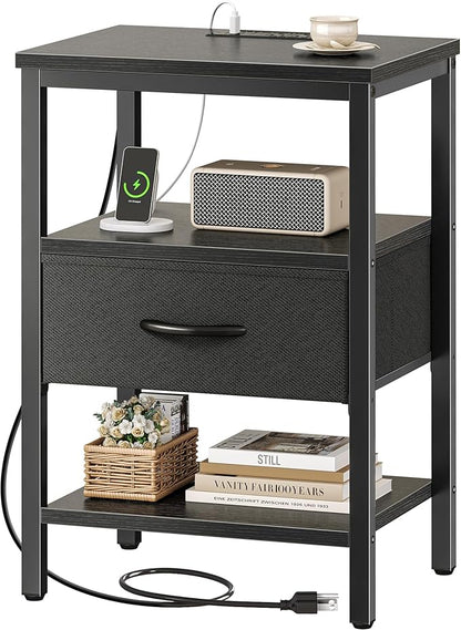 SUPERJARE Nightstand with Charging Station, Bed Side Table with Adjustable Fabric Drawer, Night Stand for Bedroom, 3-Tier Storage End Table, for Living Room, Black