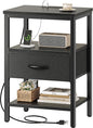 SUPERJARE Nightstand with Charging Station, Bed Side Table with Adjustable Fabric Drawer, Night Stand for Bedroom, 3-Tier Storage End Table, for Living Room, Black