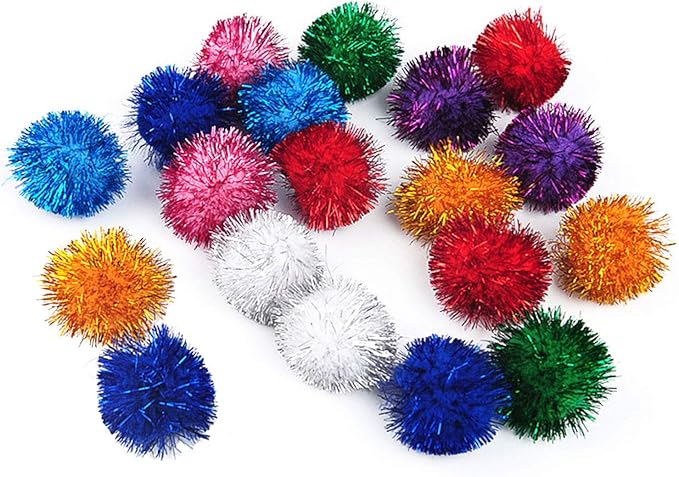 20 Pack 2 Inches Sparkle Balls for Cats, Large Size, Glitter Pom Poms Fuzzy Balls for Cats, Kitten Indoor Assorted Color Random-Mewly Pet
