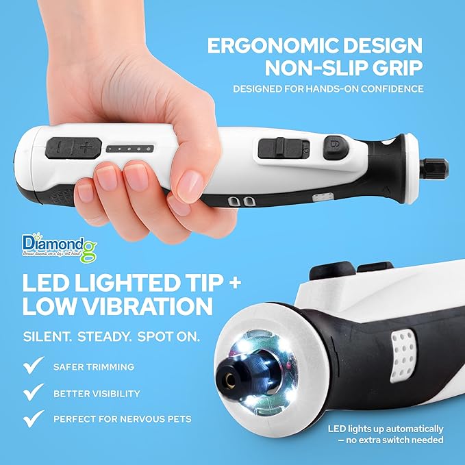 Diamondg Cordless Dog Nail Grinder with Quiet Sound & LED Tip for Large & Small Dogs, 4hrs. Runtime, 2 Bits Included, White-Mewly Pet