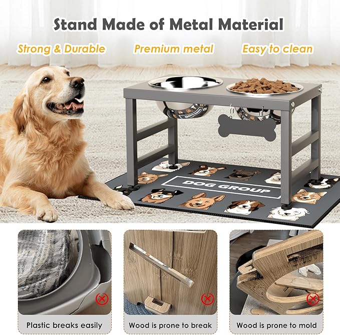Elevated Dog Bowls, 10" Tall Height, Raised Bowl Stand with 2 Stainless Steel Food Feeder Bowls (58oz) and Spill-Proof Mat for Medium Large and Small Breeds, Grey-Mewly Pet