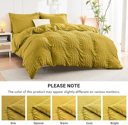 HYMOKEGE Mustard Yellow Queen Comforter Set Seersucker 7 Pieces, All Season Luxury Bed in a Bag Queen for Bedroom, Bedding Set with Comforter, Sheets, Pillowcases & Shams