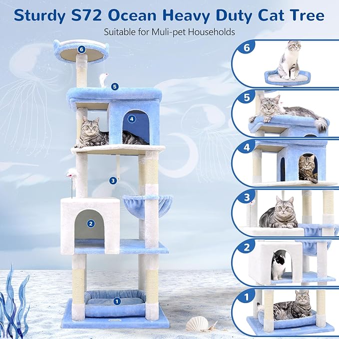 Globlazer Heavy Duty Cat Trees for Large Cats, Sturdy 72in Maine Coon Cat Tree for Large Cats 20 lbs+ Heavy Duty Cat Tower for Adult Biggest Cat with 6 Scratching Posts, Hammock, S72, Ocean Blue-Mewly Pet