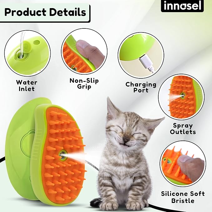 Cat Steam Brush for Shedding, Steamy Grooming Comb with Anti-Static Spray for Cats & Dogs, Gentle Defur Comb for Tangled & Loose Hair, Ergonomic Pet Mist Brush Design, Cepillo de Vapor para Gato Perro-Mewly Pet