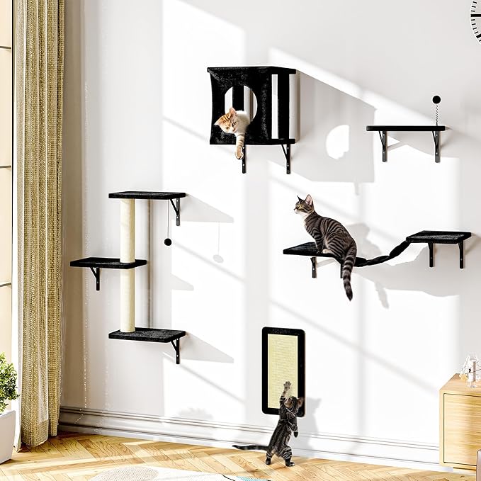 NUNU LAB Wall Mounted Cat Furniture, 5 Pcs Cat Wall Shelves with House, Bridge, Steps, Scratching Post, Shelves, Indoor Safe & Stable Furniture for Kittens Play, Black-Mewly Pet