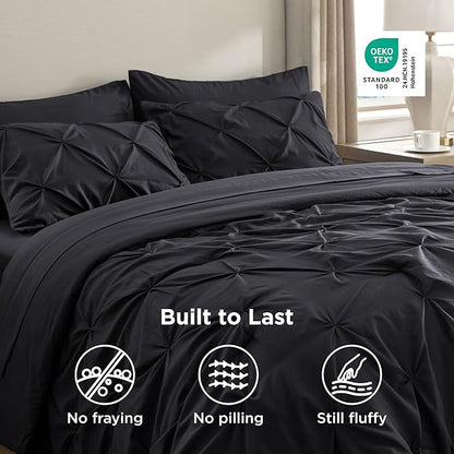 Bedsure California King Comforter Set Black - Bed in a Bag Cal King Bedding Set 7 Pieces, GentleSoft™ Pintuck Bed Set Gift for Family, Pinch Pleat Black Comforter with Sheets, Pillowcases & Shams