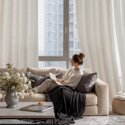 RYB HOME Sheer Curtains 84 inches Long Linen Blend Light & Airy Vertical Translucent Panels for Bedroom Living Room Office, Rod Pocket & Back Tab, W52 x L84, Ivory, 2 Panels