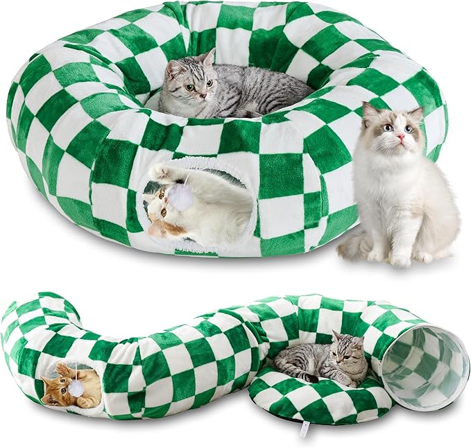 Cat Tunnel for Indoor Cats, Cute Peekaboo Cat Cave with Dangling Balls, Checkered Pet Donut Tunnel Bed with Circle Mat for Puppy Kitten Rabbit, Green/White-Mewly Pet