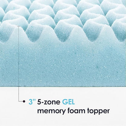 Mellow 3 Inch 5-Zone Memory Foam Mattress Topper, Cooling Gel Infusion, Dorm Essentials, King Blue