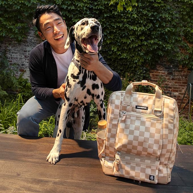 Porter 2-in-1 Dog Gear Backpack – Premium Dog Travel Bag with 10 Pockets, Zip-Off Treat Pouch, Leash Clip, Waterproof Pockets & Water Bottle Holder – Weekend, Hiking, Camping, Checkerboard-Mewly Pet