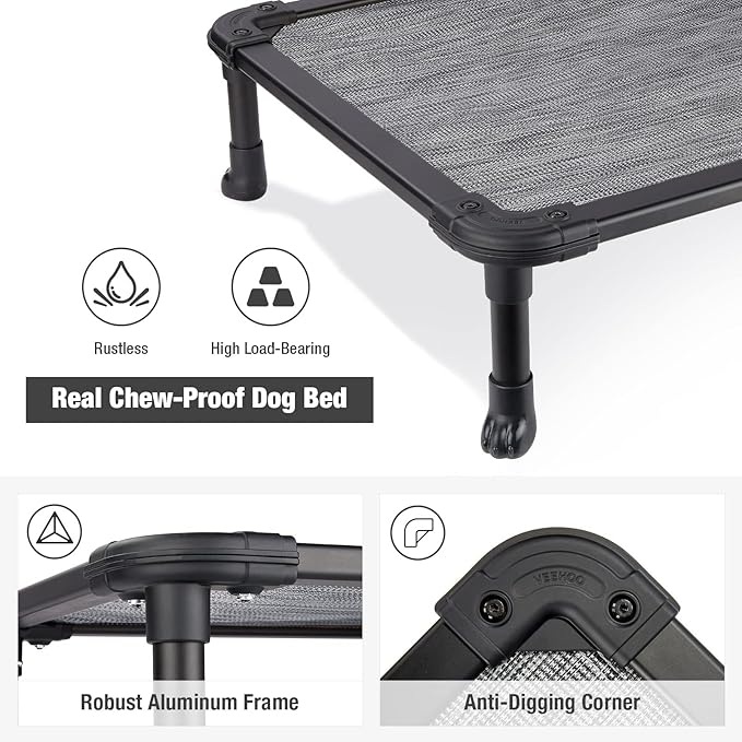 Veehoo Chew Proof Elevated Dog Bed - Cooling Raised Pet Cot - Rustless Aluminum Frame and Durable Textilene Mesh, Unique Designed No-Slip Feet for Indoor or Outdoor Use, Black Silver, Medium-Mewly Pet