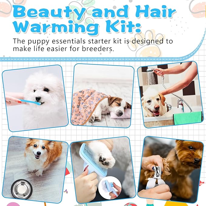 65 Pcs Puppy Supplies Starter Kit Small Dog Essentials Includes Dog Leash, Toys, Bowl, Brushes, Water Bottles, pet Blankets Puppy Accessories for New Welcome Gift Supplies(Cool,Blue)-Mewly Pet