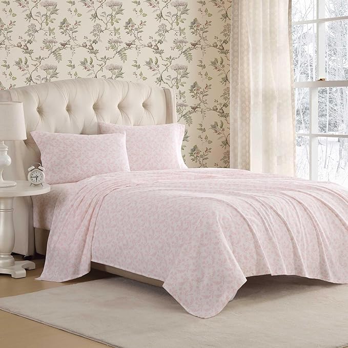 Laura Ashley - Flannel Sheets King Size, Anti-Pilling & Wrinkle Resistant Cotton, Touchably Soft for All-Season Comfort - Bed Sheets with Matching Pillowcases & Fitted Sheet (Antoinette Pink)