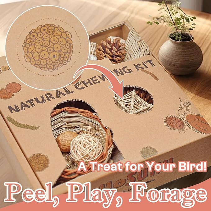 Natural Bird Foraging & Shredding Toys Box - Handmade Rattan Chewing Toys for Parakeets, Cockatiels, Conures, Lovebirds & Small to Medium Birds-Mewly Pet