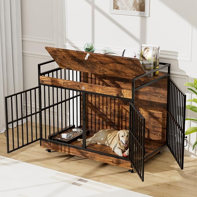 Dog Crate Furniture Large Breed with 2 Stainless Steel Bowls, Large Wooden Dog Crate Table, Escape-Proof & Chew-Proof XL Furniture, Decorate House As TV Stand, End Table, 45" L X 30" W 37" H-Mewly Pet