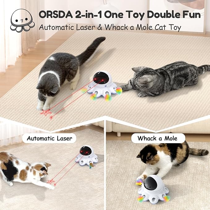 ORSDA Cat Laser Toy, 2-in-1 Interactive Automatic Motion Activated Moving 8 Holes Whack A Mole Feather, USB Rechargeable Electronic Smart Sensor Kitten Toys for Indoor Exercise-Mewly Pet