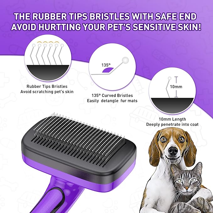 Dogs Cats Self Cleaning Slicker Brush for Shedding & Grooming Any Breed of Pets, Removes Loose, Undercoat, Mats, Tangled Hair for Small Medium Large Animal With Long Short Fur Length, Purple-Mewly Pet