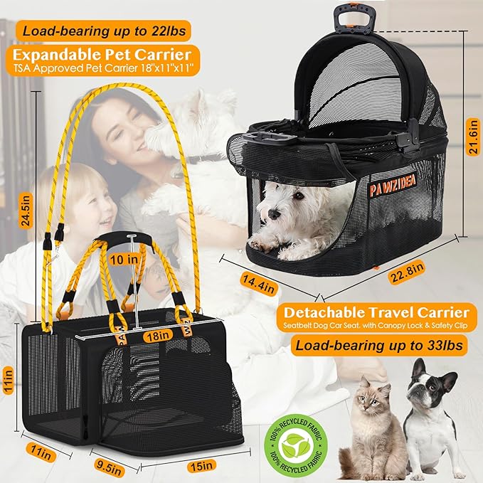 PAWZIDEA Double Pet Stroller with 2 Detachable Carriers, Portable Dog Crate for Car Travel & TSA-Approved Expandable Cat Carrier, Foldable Lightweight Jogger Stroller for 2–4 Cats or Small/Medium Dogs-Mewly Pet