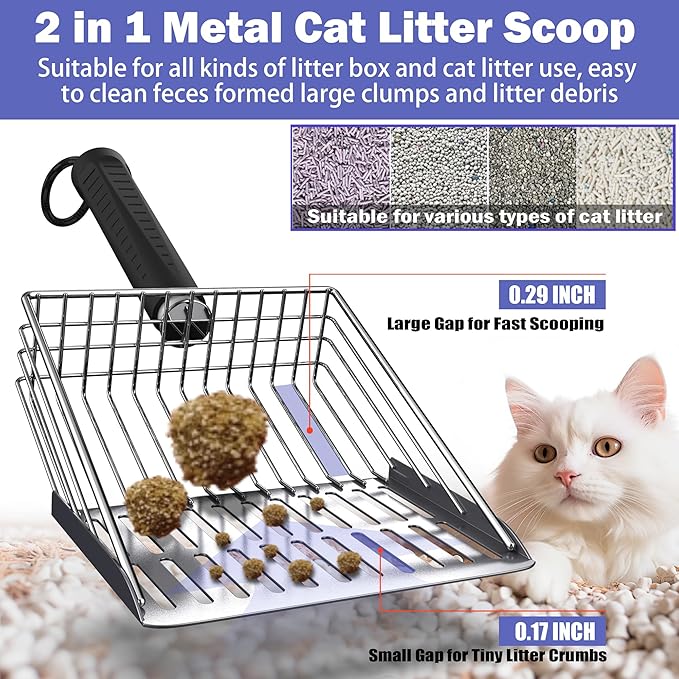 Cat Litter Scooper with Holder, Metal Litter Scoop Includes Portable Small Broom and Dustpan Set, Heavy Duty Stainless Steel Litter Scoop with Coarse and Fine Grid, Quick Sift and Easy Clean-Mewly Pet