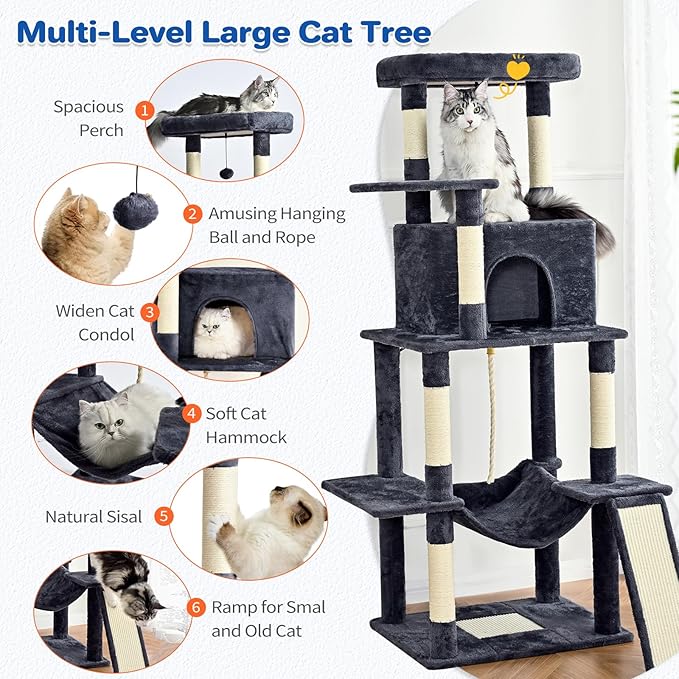 Cat Tree Tower 63in Multi-Level Cat Tower for Indoor Cats with Sisal Scratching Posts, Condo, Hammock, Dangling Ball and Extended Platform for Cats to Play, Dark Grey-Mewly Pet