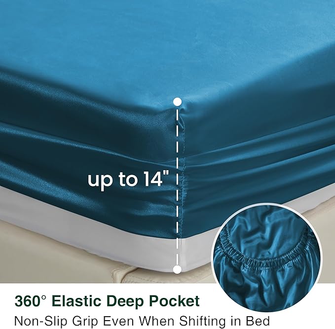 Love's cabin Twin XL Satin Sheet Sets - 3 Piece Teal Silky Bed Sheets with Deep Pockets, Luxury Silk Feel Satin Sheet Set Twin XL (1 Flat Sheet,1 Fitted Sheet,1 Pillow case)