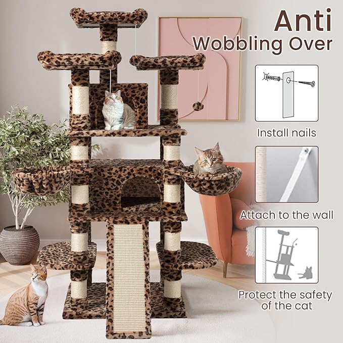 SHA CERLIN 68 Inches Multi-Level Large Cat Tree for Large Kitties/Big Cat Tower with Condo/Cozy Plush ‌Pussycat Perches/Sisal Scratching Posts and Hammocks/Activity Center/Leopard Print-Mewly Pet