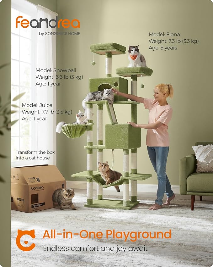 Feandrea Cat Tree, 81.1-Inch Large Cat Tower with 13 Scratching Posts, 2 Perches, 2 Caves, Basket, Hammock, Pompoms, Multi-Level Plush Cat Condo for Indoor Cats, Green UPCT190C01-Mewly Pet