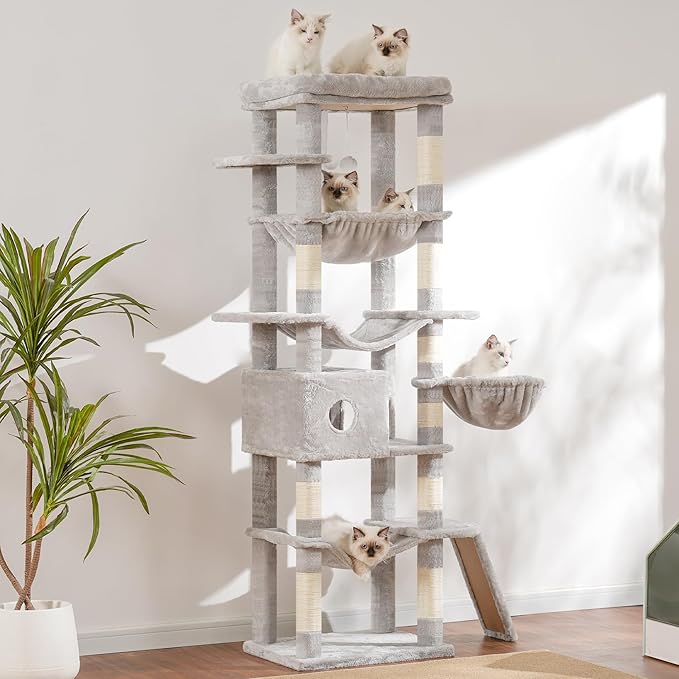 Hey-brother Cat Tree, 69.3-Inches Multi-Level Plush Cat Tower for Indoor Cats with Large Top Perch, Extra Spacious Hammock, 2 Hammocks Ramp, Hanging Ball, Light Gray MPJ037W-Mewly Pet