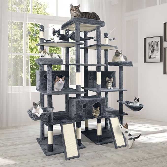 Extra Large 80-Inch Tall Cat Tree w/Widened Perch for Large Cats, Big Cat Tower Indoor, Modern Multi-Level Activity Tower with Scratching Posts, Condos, Baskets, Hammock, Scratching Ramps-Mewly Pet