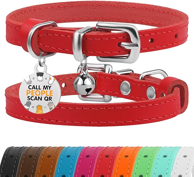 BRONZEDOG Leather Cat Collar with Removable Bells Non Breakaway Kitten QR Tag for Girl Boy (7" - 9" for Cats, Red & Silver)-Mewly Pet
