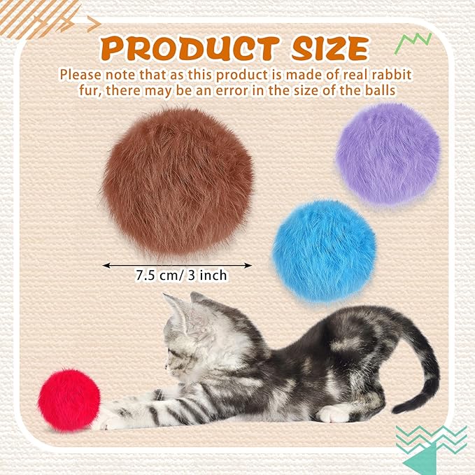 LEIFIDE 12 Pieces Real Rabbit Fur Pom Pom Kitty Cat Toy Fluffy Cat Balls Soft Fuzzy Balls for Kitty Pets Kitten Chase Quiet Play, 3 Inches in Diameter(Bright Color)-Mewly Pet