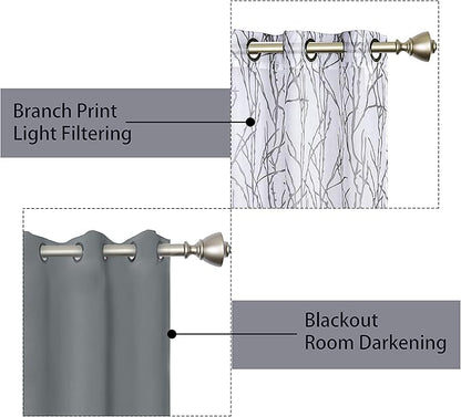 BONZER Mix and Match Curtains - 2 Pieces Branch Print Sheer Curtains and 2 Pieces Blackout Curtains for Bedroom Living Room Grommet Window Drapes, 37x84 Inch/Panel, Light Grey, Set of 4 Panels