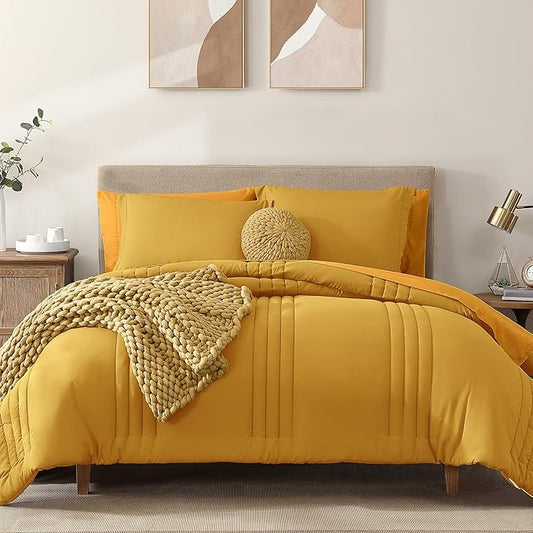Monbix Queen Comforter Set - 7 Pieces Bright Yellow Bed in a Bag Queen Bedding Sets with Comforters, All Seasons Down Alternative Comforter Bed Set with Sheets,Pillowcases & Shams