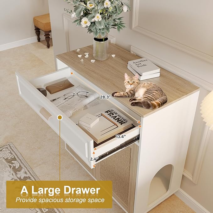 Cat Litter Box Enclosure Furniture Hidden Indoor 2-in-1 Wooden Cat House & Washroom Cabinet with Scratching Board Doors and Drawer, 31.5"x15.7"x34.6"H-Mewly Pet