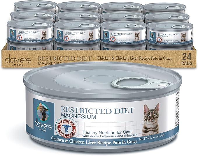 Dave's Pet Food Urinary Tract Cat Food Wet (Chicken Pate in Gravy), Non-Prescription Low Magnesium Restricted Diet Canned Cat Food, Added Vitamins, Vet Recommended, 5.5 oz (24 Pack)-Mewly Pet