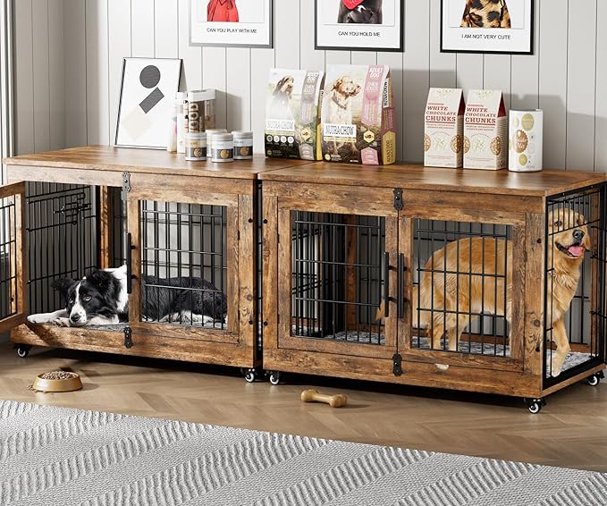 Lulive Dog Crate Furniture Set of 2, Dog Kennel Indoor Double Doors Wooden Dog Cage, 38'' Heavy Duty Dog Crate with Cushion & Wheels, End Table Pet House Chew-Resistant Up to 70 lb, Rustic Brown-Mewly Pet
