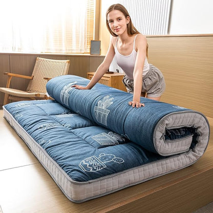 MAXYOYO Grey Cactus Pattern Queen Size Futon Mattress, Quilted Bed Mattress Topper, Extra Thick Folding Sleeping Pad, Breathable Floor Lounger, Guest Bed for Camping, Couch