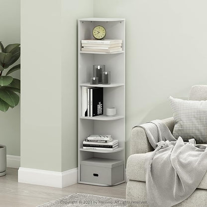 Furinno PASIR Book Shelf, 5-Tier Corner Bookshelf, Open Shelves Bookcase 9.3" x 12" x 51.7", for Living Room, Bedroom, Home Office, White
