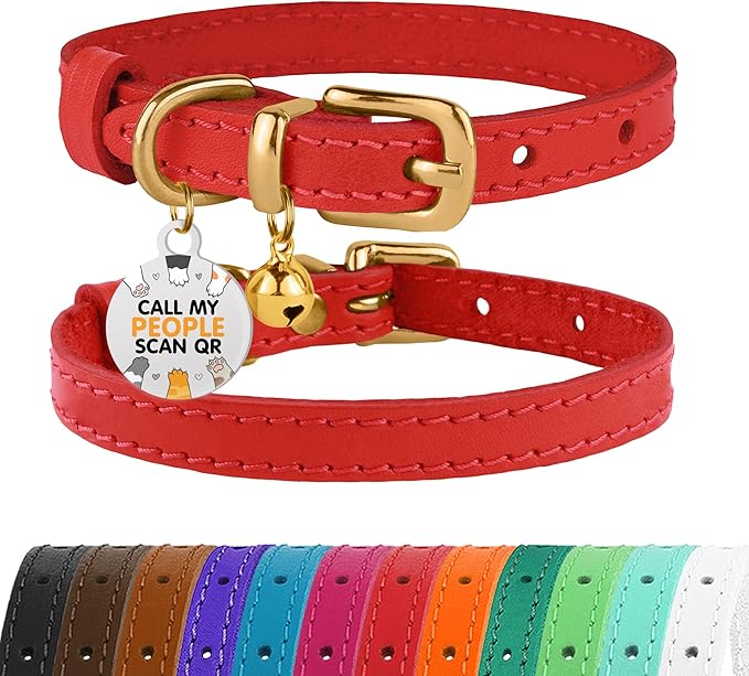 BRONZEDOG Leather Cat Collar with Removable Bells Non Breakaway Kitten QR Tag for Girl Boy (7" - 9" for Cats, Red & Gold)-Mewly Pet