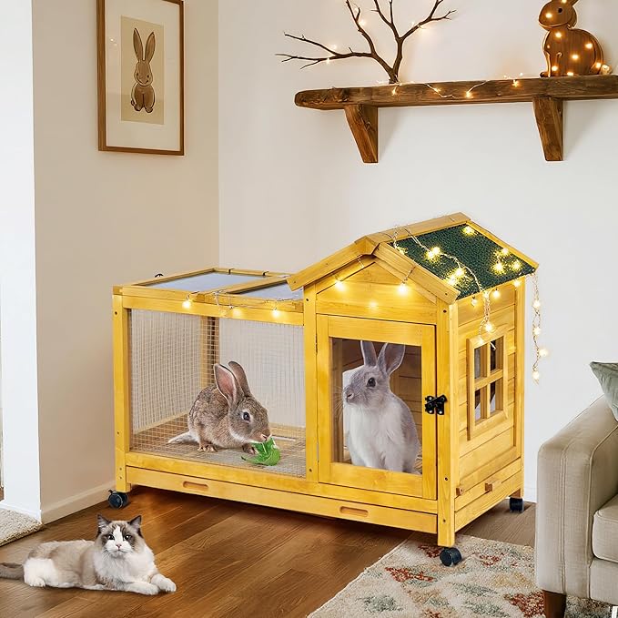 Wooden Rabbit Hutch with Waterproof Roof,Outdoor/Indoor Bunny Cage with Removable Slide-Out Bottom Tray, Chewproof Rabbit cage for Small-Medium Animals (Guinea Pigs, Hedgehogs)-Mewly Pet