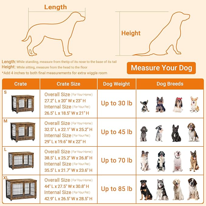 Lulive Small Dog Crate Furniture, Dog Kennel Indoor Double Doors Wooden Dog Cage, 27.1'' Heavy Duty Dog Crate with Cushion & Wheels, Decorative End Table Pet House Chew-Resistant for Small Dogs, Grey-Mewly Pet